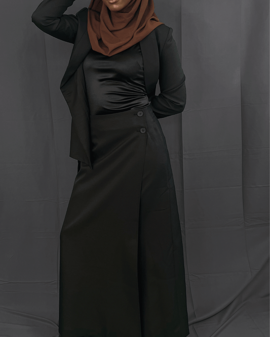 Side Wrap Maxi Skirt Suit - Black